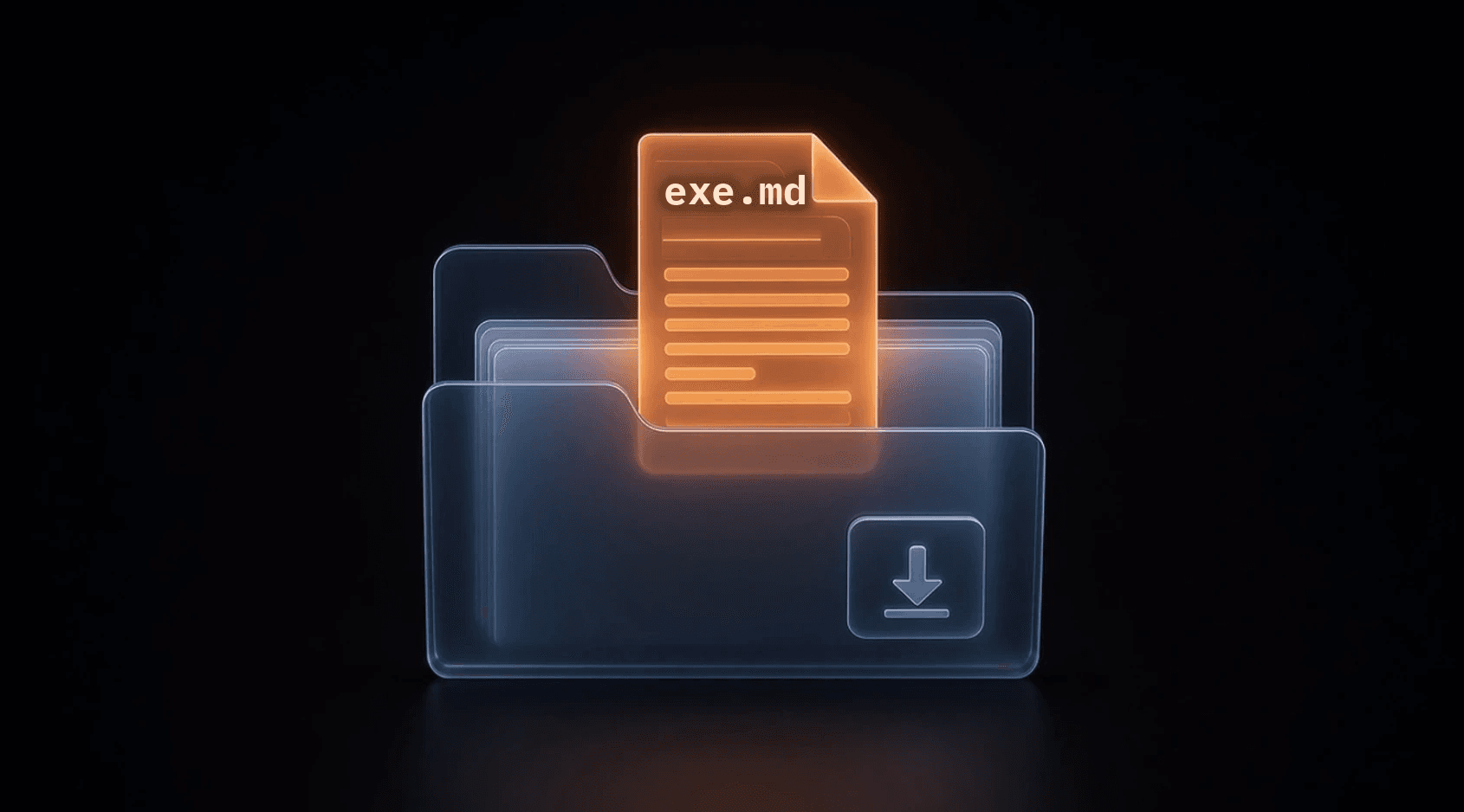 Illustration of an orange Markdown file labeled exe.md sliding into a glowing blue Downloads folder