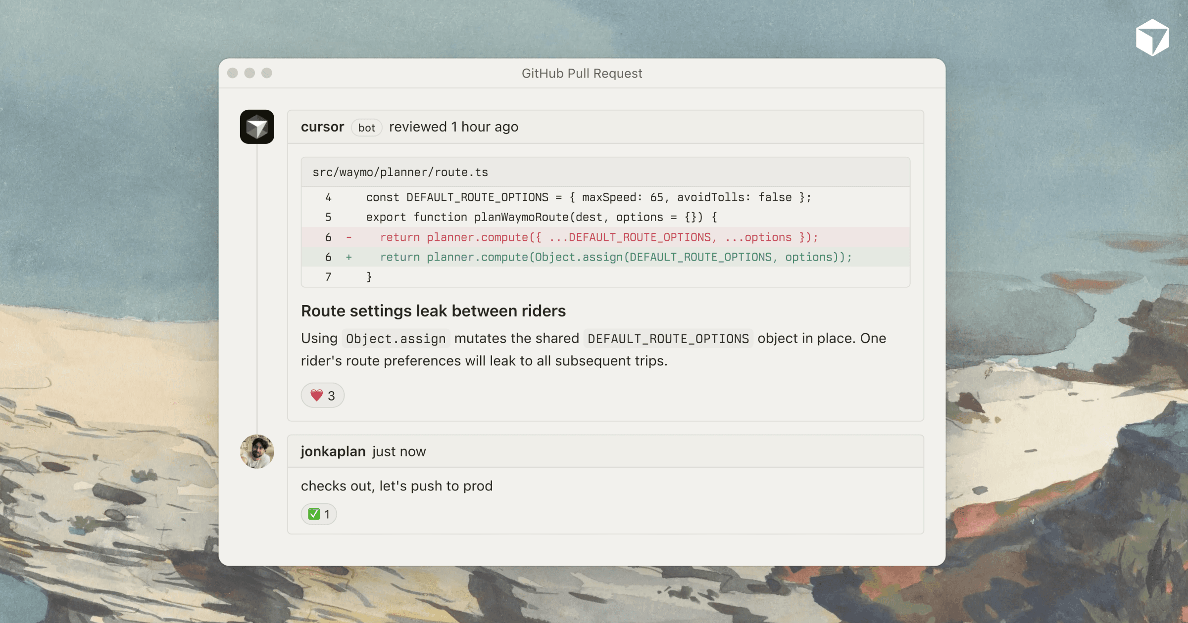 Cursor Bugbot review comment on a GitHub pull request flagging a shared options object bug