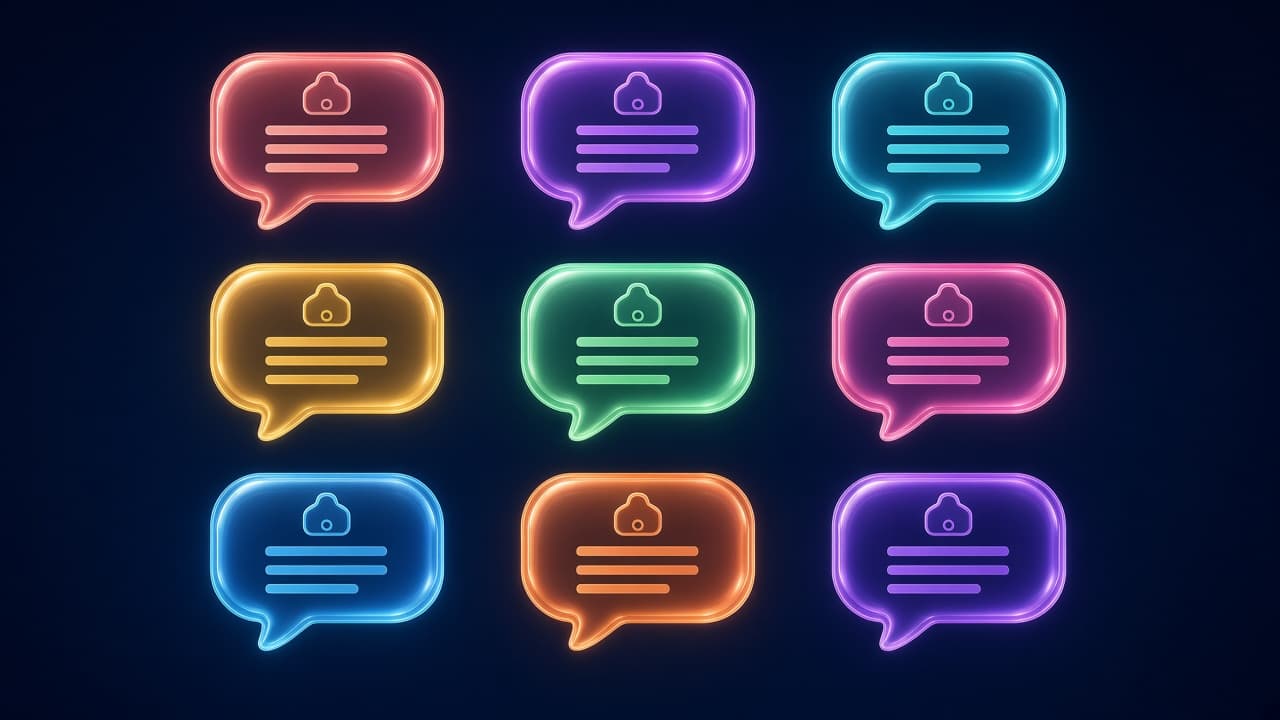 Nine glowing chat-bubble tiles in a grid, representing AI assistants and their pricing tiers