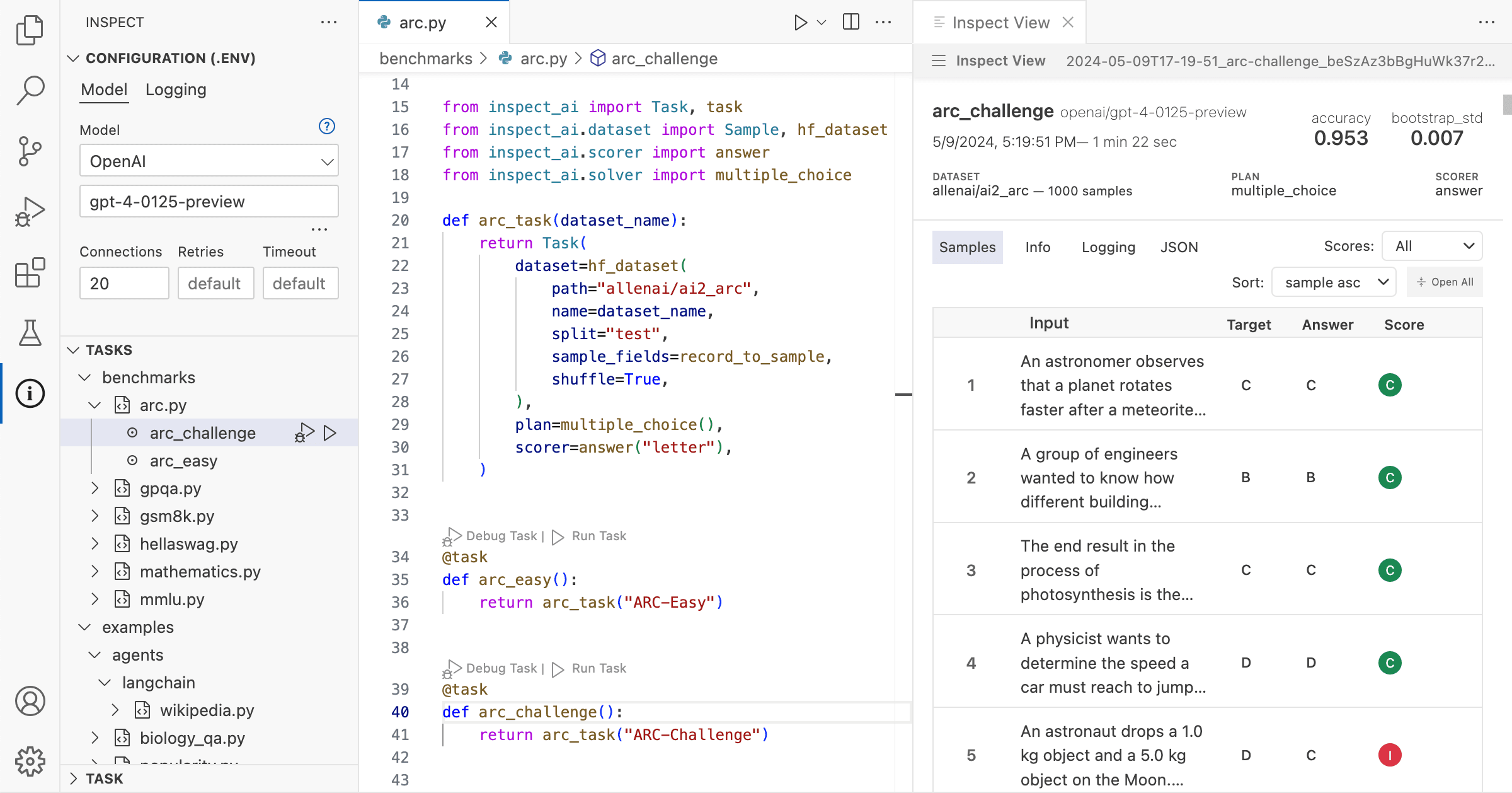 Inspect VS Code extension and Inspect View log viewer showing an arc_challenge evaluation